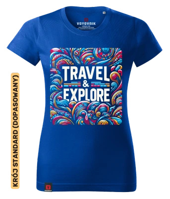 Koszulka damska standard VOYOVNIK "Travel & Explore" - niebieska