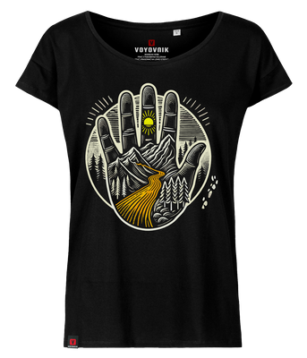 Koszulka damska oversize VOYOVNIK "Hand of Trails" - czarna, rozmiar XS [OUTLET]