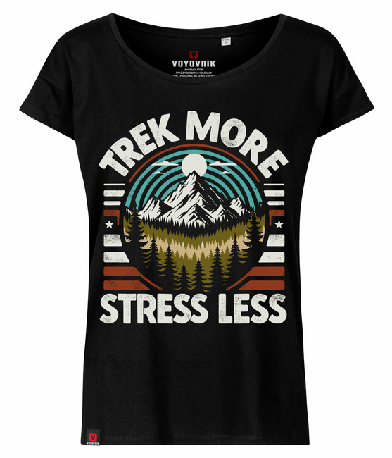 Koszulka damska oversize VOYOVNIK "Trek More, Stress Less" - czarna